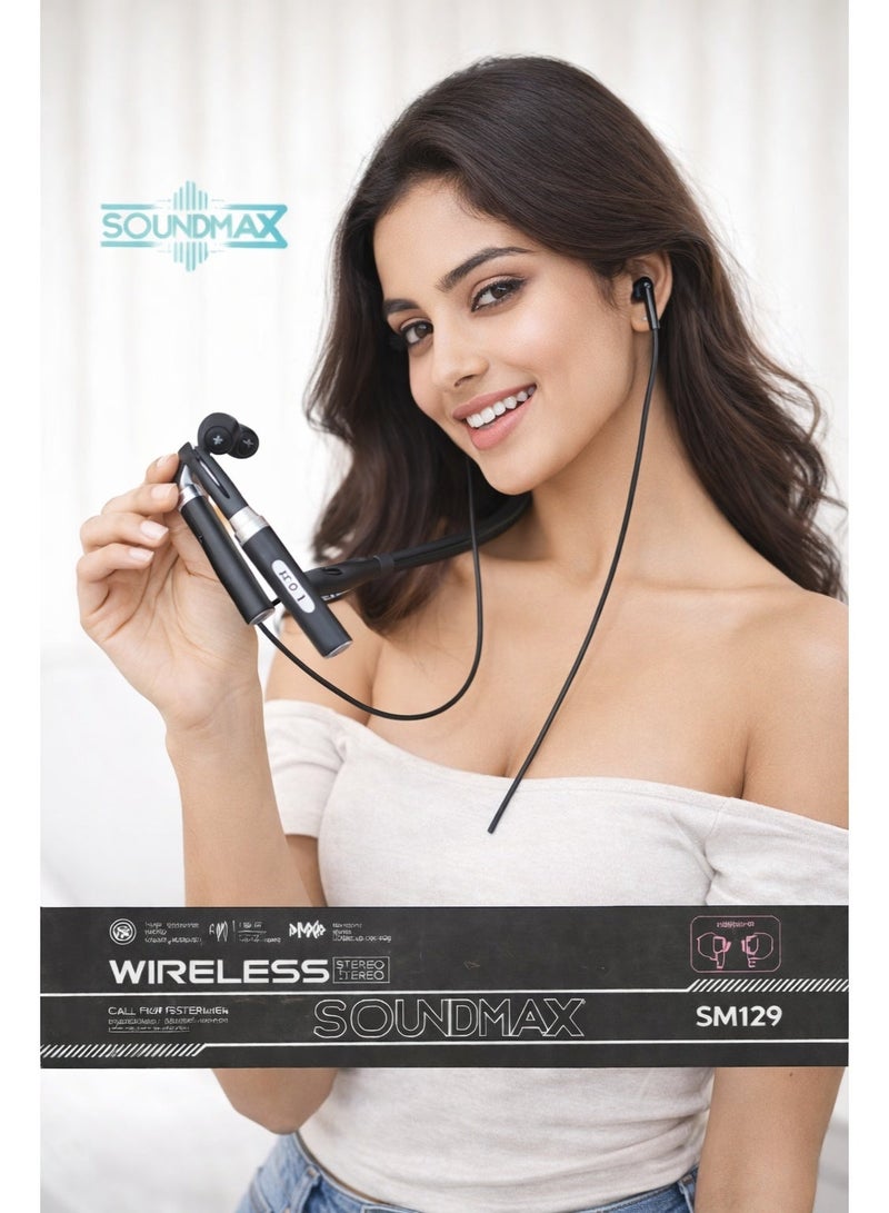 Soundmax SM129 Wireless Bluetooth Neckband Headphones | Deep Bass Stereo Sound | Magnetic Earbuds | Long Battery Life | Comfortable & Lightweight Design - Image 2